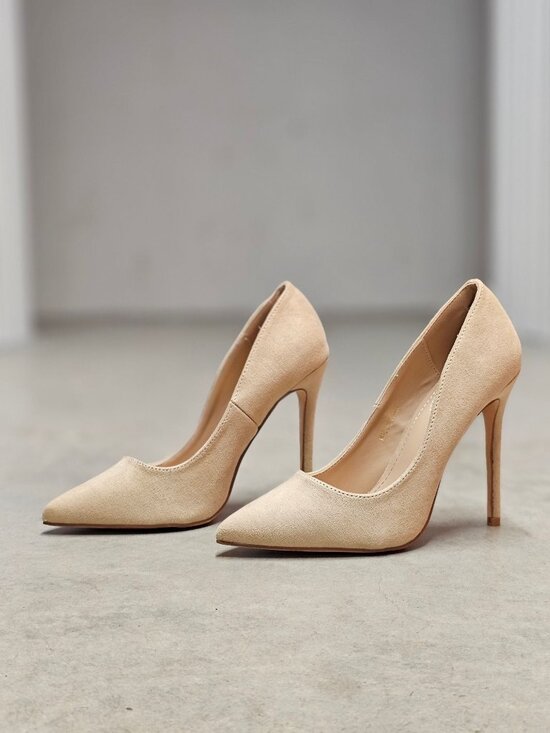 Shoes - Nude Faux Suede Pointed Toe Stiletto High Heels Womens Elegant Formal Pumps